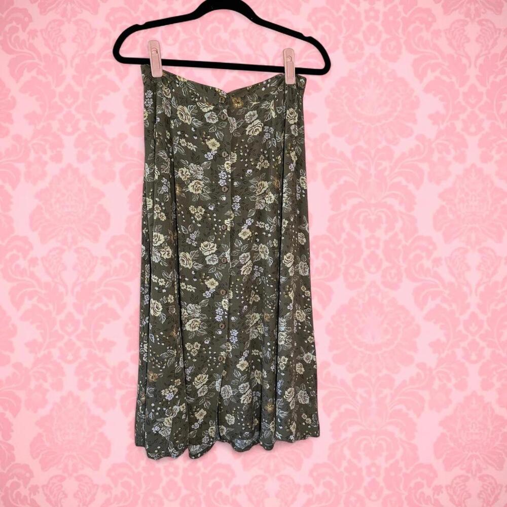 🌿 VINTAGE SAG HARBOR FLORAL BUTTON MIDI SKIRT - OLIVE SAFARI CHIC 🌿**